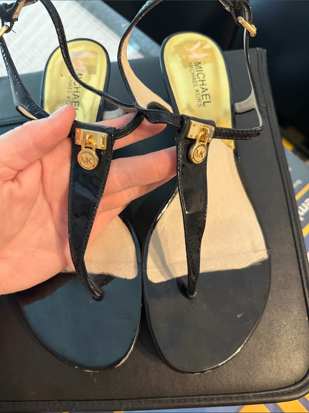 Michael Kors Black Patent Leather T-Strap Sandals with Gold Accents